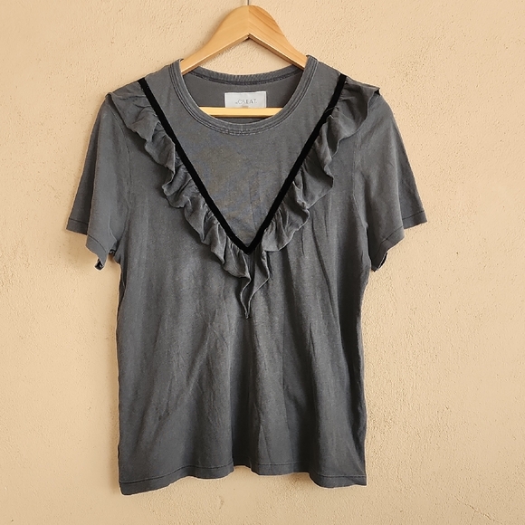 THE GREAT Tuxedo Ruffle Tee 1 S 4 6 Small Charcoal Gray Black Velvet CURRENT - Picture 3 of 13